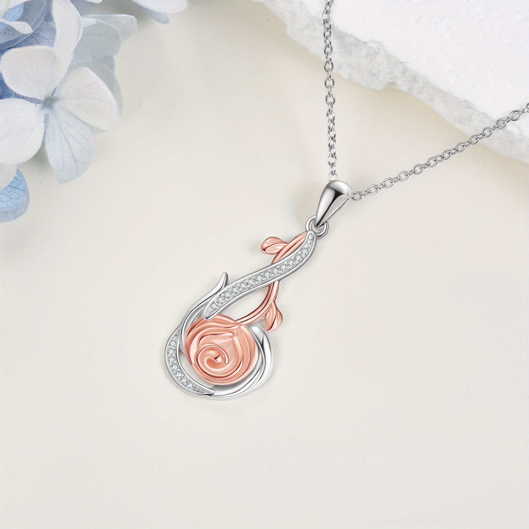 925 Sterling Silver Rose Necklace with Synthetic Rose Pendant
